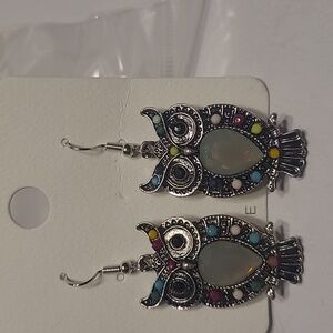 Elegant Silver and  Multicolor Dangle Owl Earrings